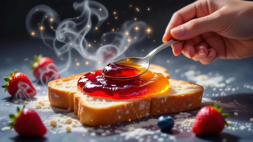 Egy kéz lekvárt ken egy szelet kenyérre, friss gyümölcsök mellett.