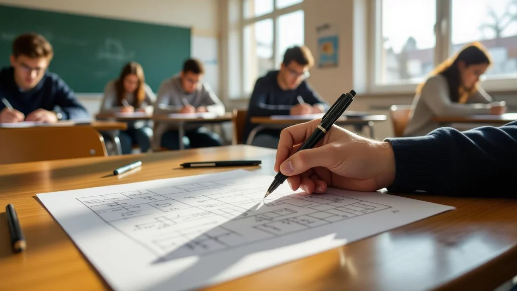Diákok matematikadolgozatot írnak egy iskolai teremben, a tanár mögött.