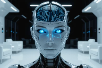 Ez a kép egy futurisztikus robotot mutat, amely az álmok és a technológia kapcsolatáról mesél.