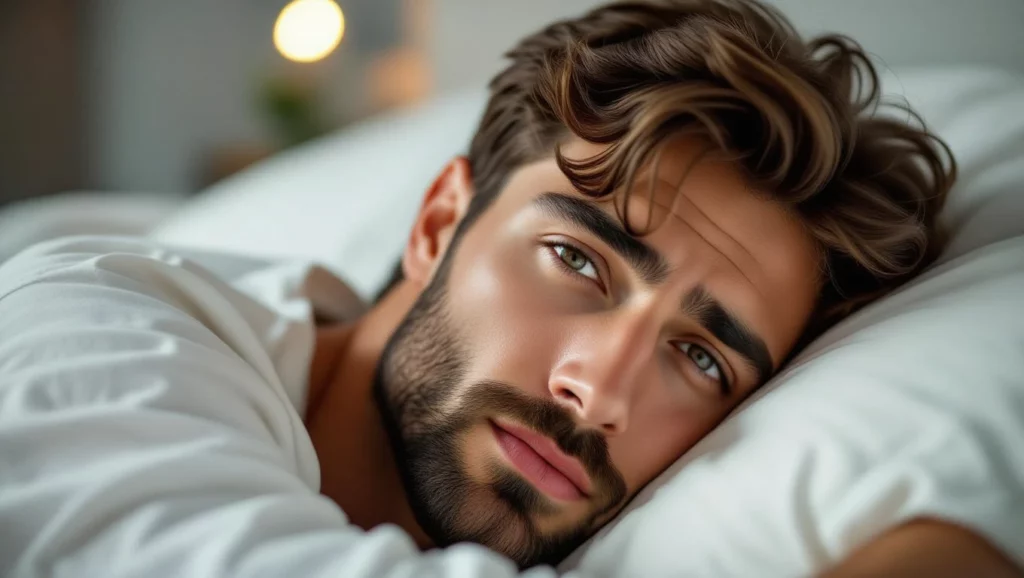 Egy férfi fekszik az ágyban, álmos tekintettel néz a kamerába, a háttér homályos és nyugodt.