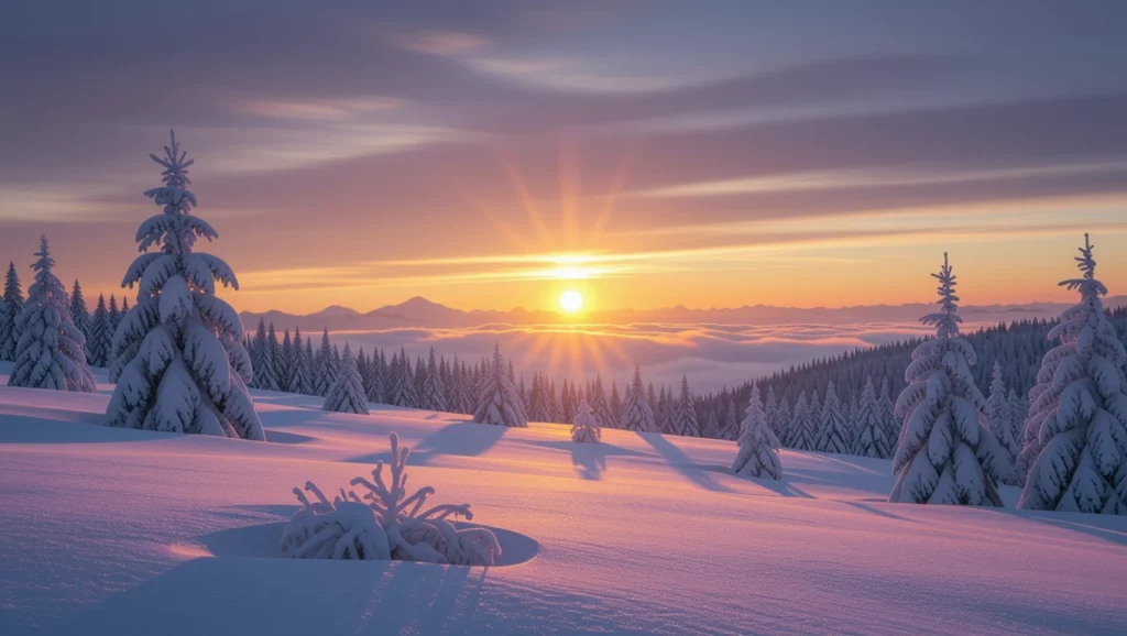 A naplemente varázslatos színei a havas tájon új kezdeteket és álmokat szimbolizálnak.