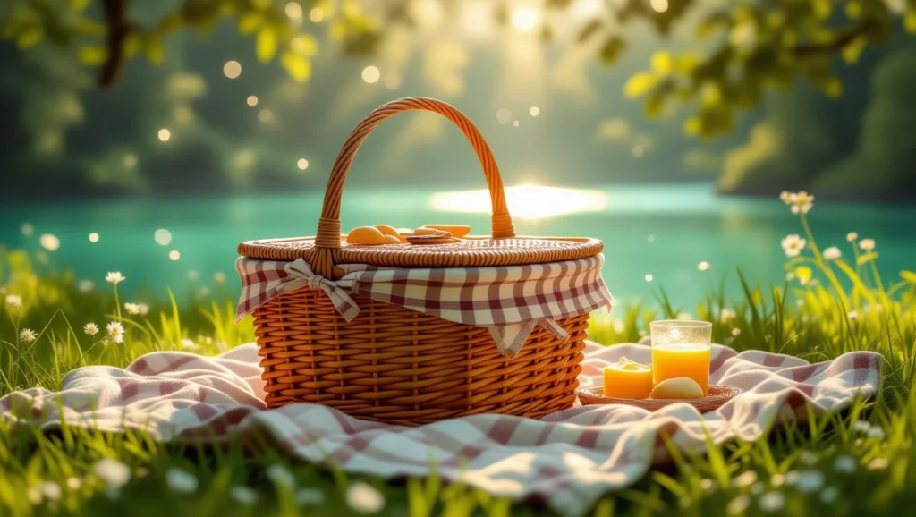 A piknik kosár az álmainkban a pihenést és a boldogságot szimbolizálja, a nyári napfény alatt.