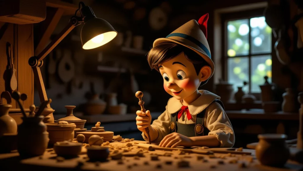 Pinokkió, a fából készült kisfiú, aki a műhelyében alkot, álmaink megvalósításának szimbóluma.