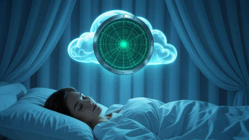 Egy fiatal nő alszik az ágyában, feje felett egy zöld radar képe lebeg, amely álmai értékelését szimbolizálja.