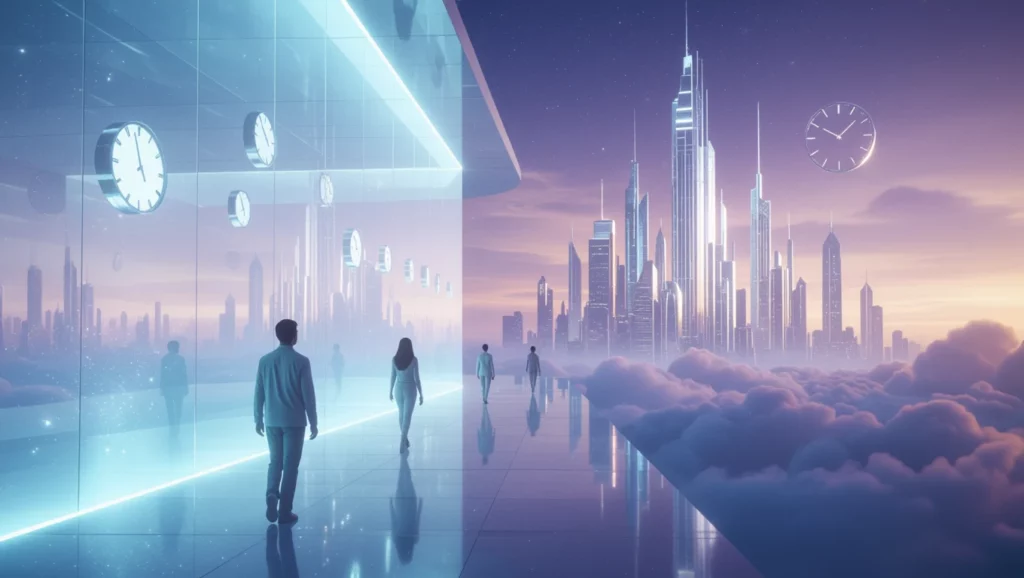 Egy futurisztikus város látképe, ahol emberek sétálnak az idő és álom határvonalán, szimbolizálva a jövő látogatását.