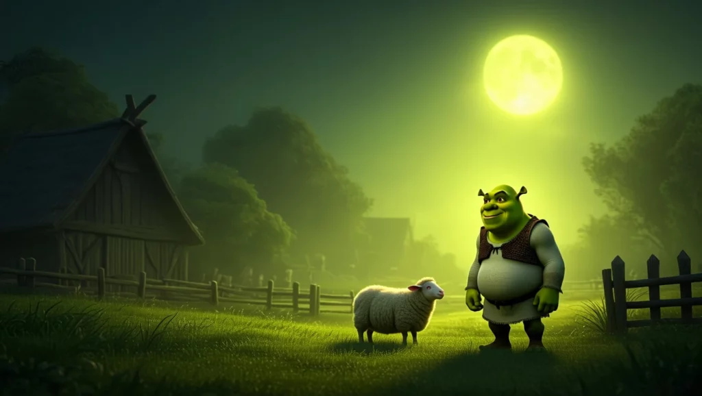 Shrek és egy bárány a telihold fényében, ami a barátságot és az álmokat szimbolizálja.