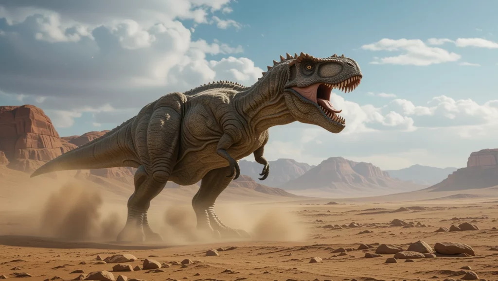 Egy T-Rex, hatalmas dinoszaurusz, amely a sivatagos tájon áll, félelmetes megjelenéssel.