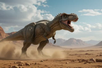Egy T-Rex, hatalmas dinoszaurusz, amely a sivatagos tájon áll, félelmetes megjelenéssel.