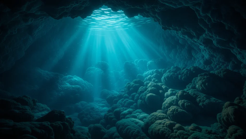 A tenger alatti barlang titokzatos világába vezető álom. A fények és formák a felfedezés vágyát tükrözik.