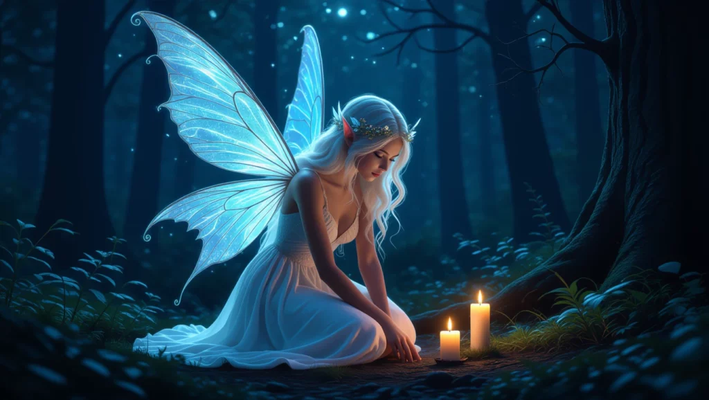 Egy tündér imádkozik a gyertyák fényénél egy sötét erdőben, ami a vágyakat és titkokat szimbolizálja.