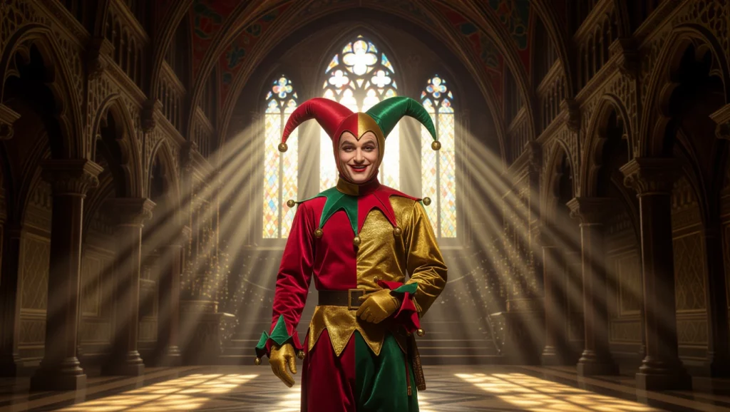 Az udvari bolond megjelenése a fények között utalhat a belső örömre és a szórakoztatásra a mindennapokban.