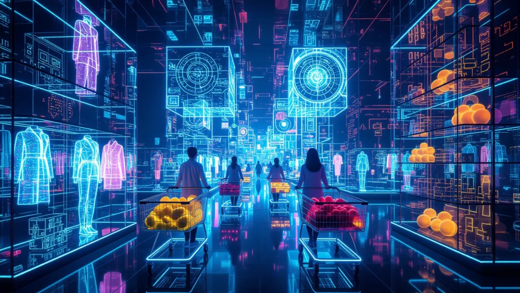 Futurista bolt belső tere, neonfényekkel és hologramokkal, vásárlókkal.