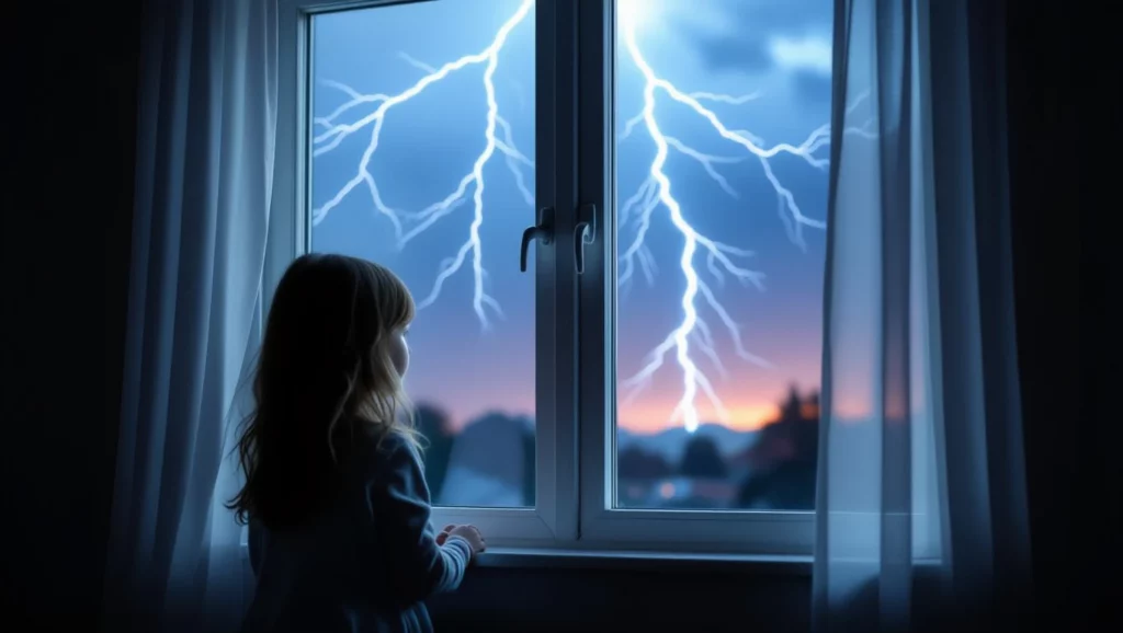 A villámlás megfigyelése az ablakon keresztül, gyermek szemszögből.