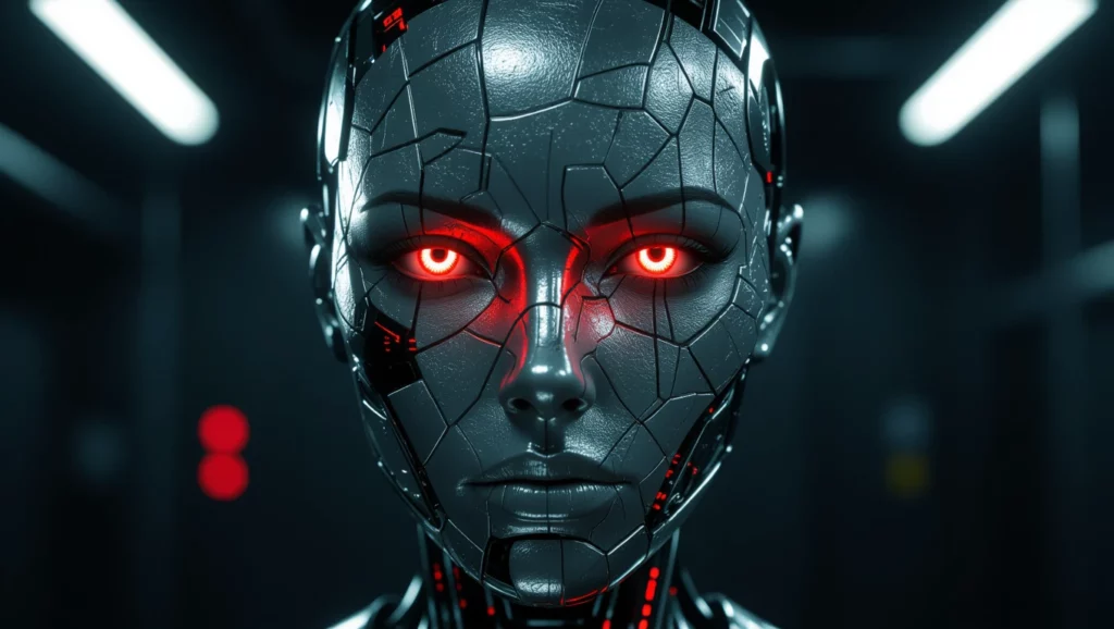 Fémes, repedezett arcú robot, vörös fényű szemekkel, álomszerű háttérben.