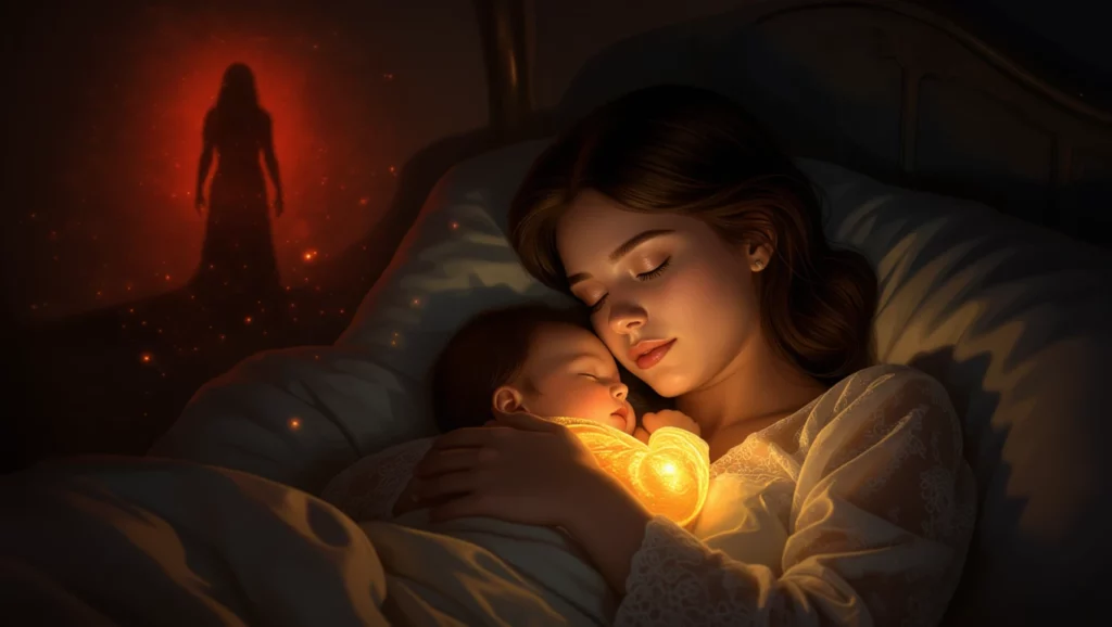 Egy fiatal nő álmosan öleli a babáját, miközben egy titokzatos árny lebeg a háttérben.