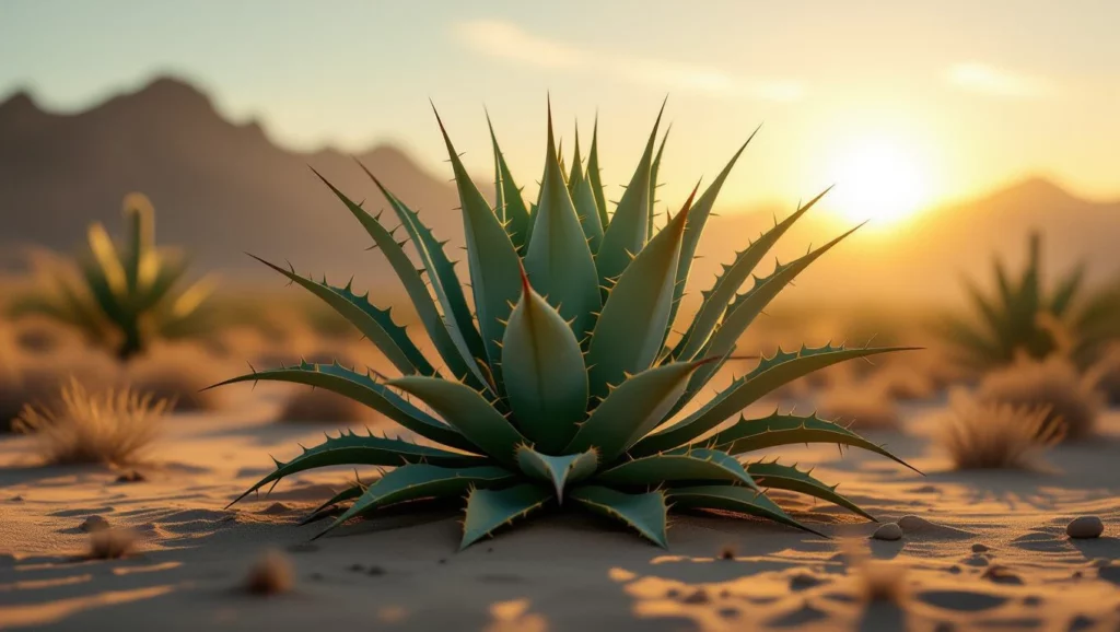 Egy agavé növény a naplementében, hátsó hegyekkel a háttérben.