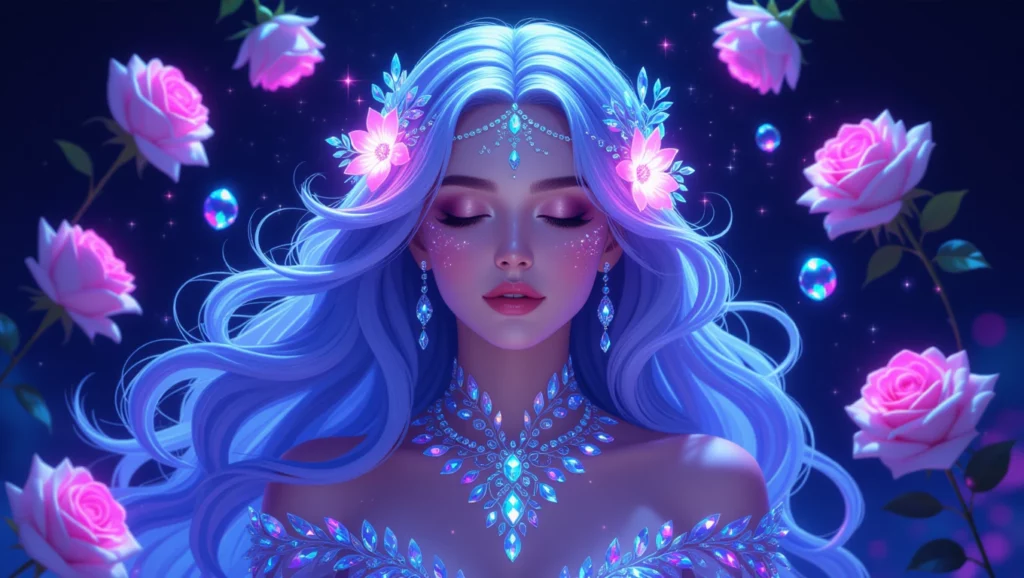 Egy álomszerű női alak, aki rózsákkal és csillogó díszekkel körülvéve álmodik.