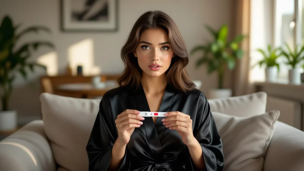 Egy fiatal nő ül a kanapén, kezében terhességi tesztet tart, arca aggodalmat és kíváncsiságot tükröz.