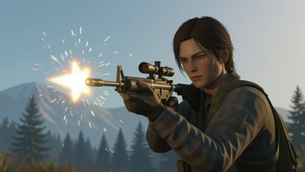 Egy fiatal férfi célzottan lő egy fegyverből a természetben, a háttérben hegyek és erdők látszanak.