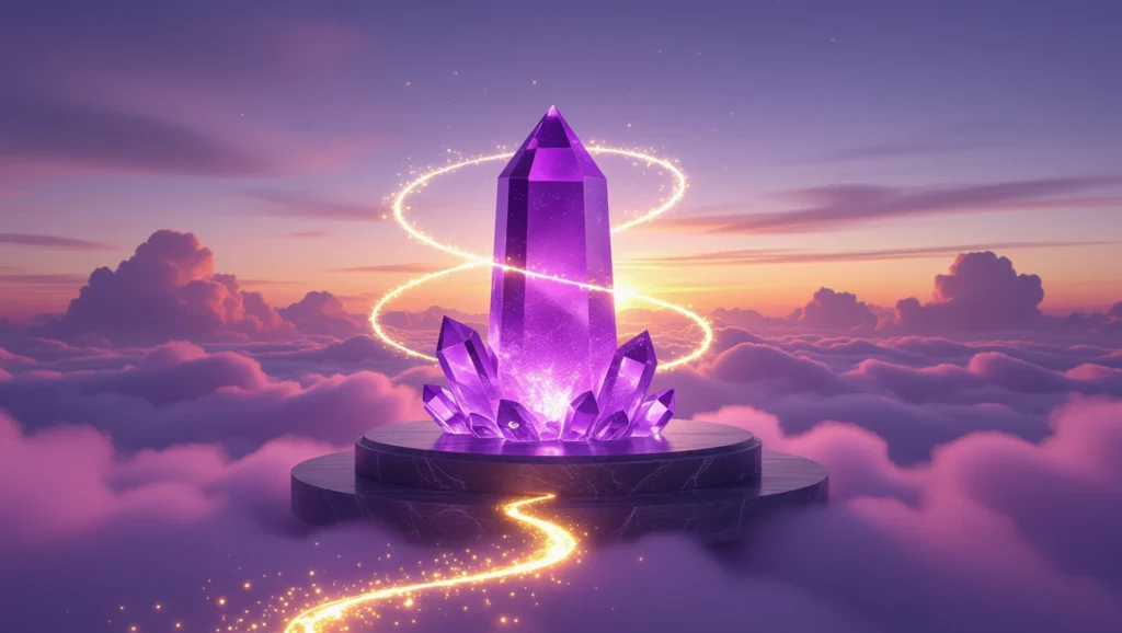 Egy ametiszt kristály, amely ragyog a felhők felett, mágikus aura veszi körül, szimbolizálva a belső békét és tisztánlátást.