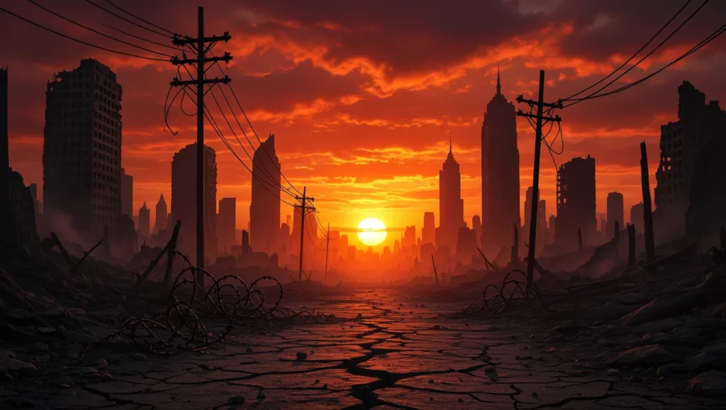 Az apokalipszis utáni világban a naplemente új reményt hoz, a romok között a megújulás lehetősége rejlik.