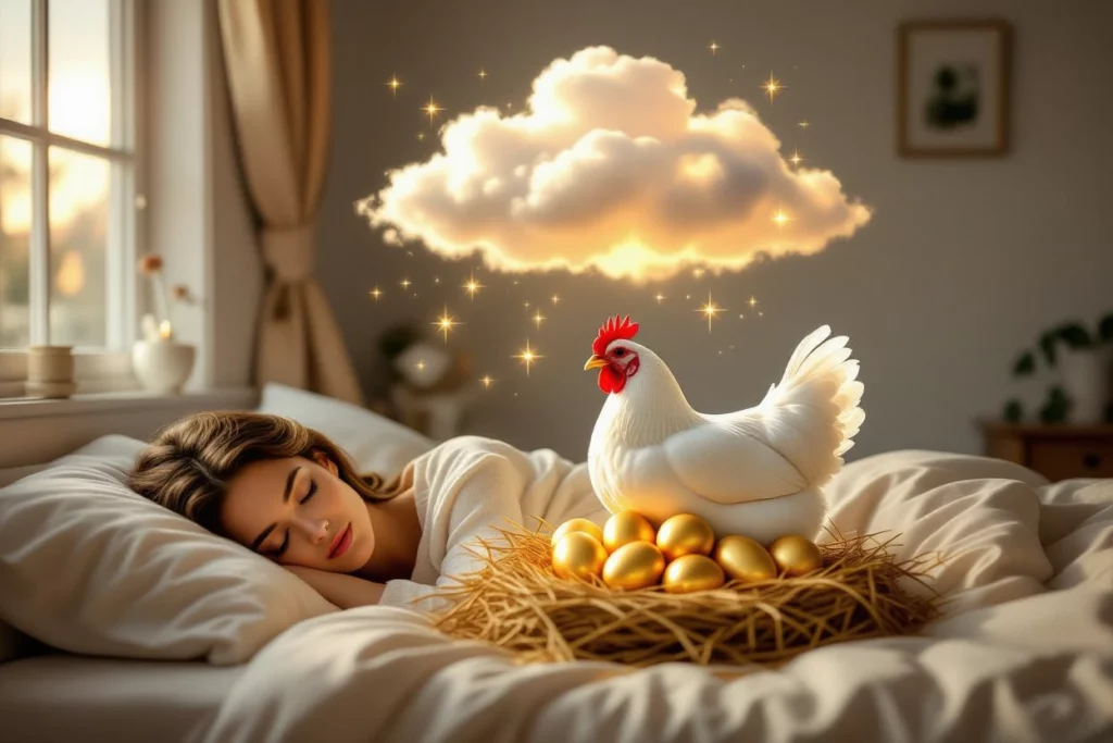 Egy álmodó nő fekszik az ágyában, feje mellett aranytojást tojó tyúk és csillagokkal díszített felhő lebeg.