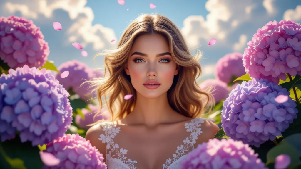 Egy nő áll virágzó hortenzia mezőn, arca ártatlanságot és nyugalmat sugall.