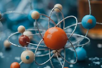 Színes atommodell, amely az atomenergia szimbolikáját képviseli.
