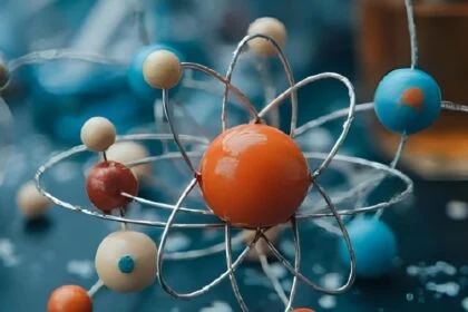 Színes atommodell, amely az atomenergia szimbolikáját képviseli.