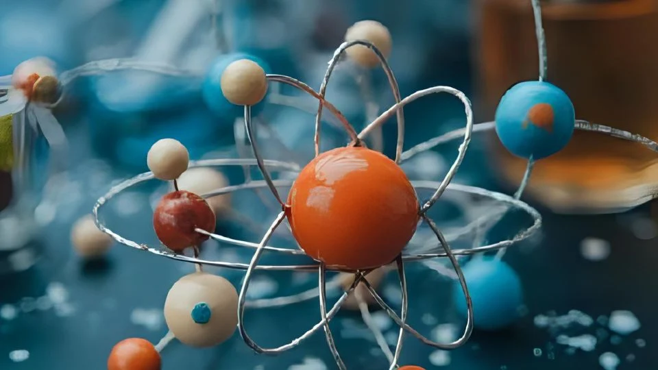 Színes atommodell, amely az atomenergia szimbolikáját képviseli.