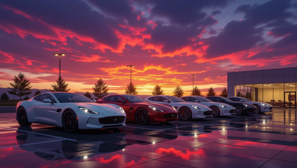 Modern autók sorakoznak egy autókereskedés parkolójában, míg a naplemente színei tükröződnek a vizes aszfalton.
