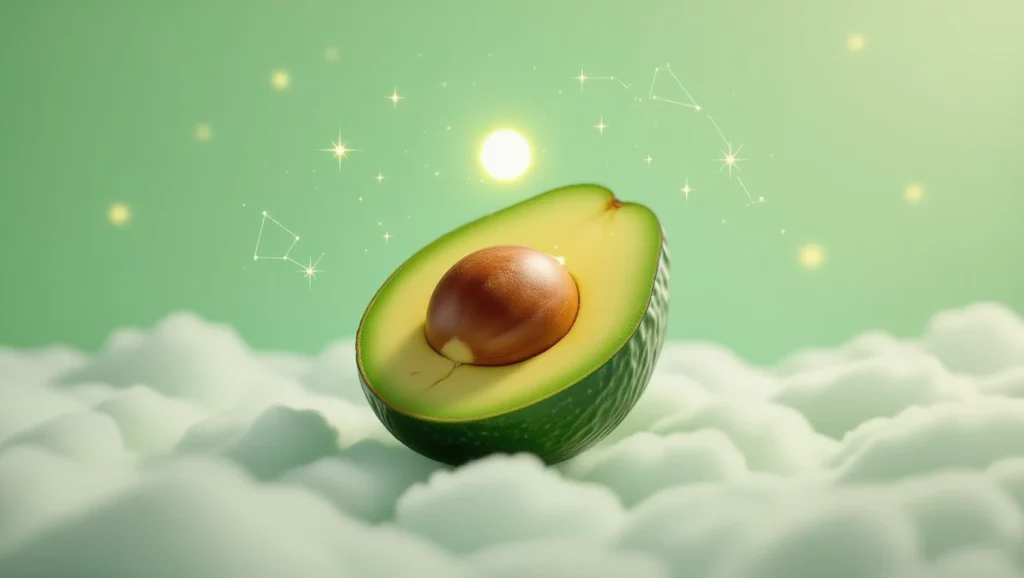 Egy fél avokádó lebeg a felhők felett, csillagokkal és napfénnyel körülvéve.