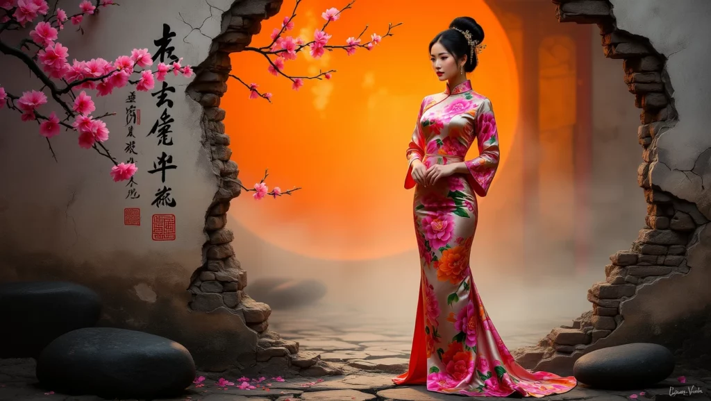 Az ázsiai nő elegáns ruhában áll, virágokkal díszített háttér előtt, ami a szépséget és a hagyományt szimbolizálja.