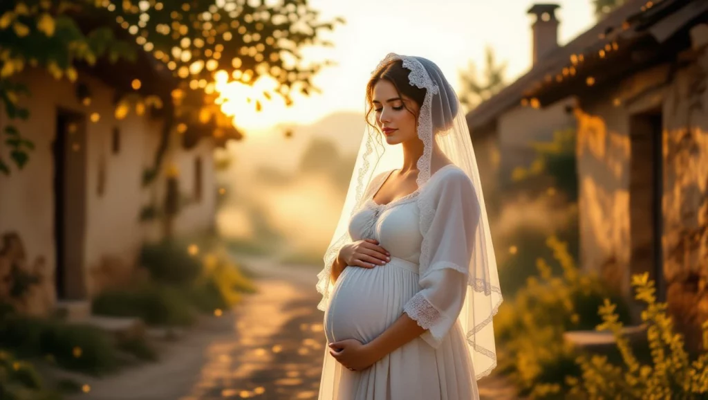 Egy kismama áll a naplementében, kezét a pocakján tartva, boldog és várakozó tekintettel, háttérben falusi házak.
