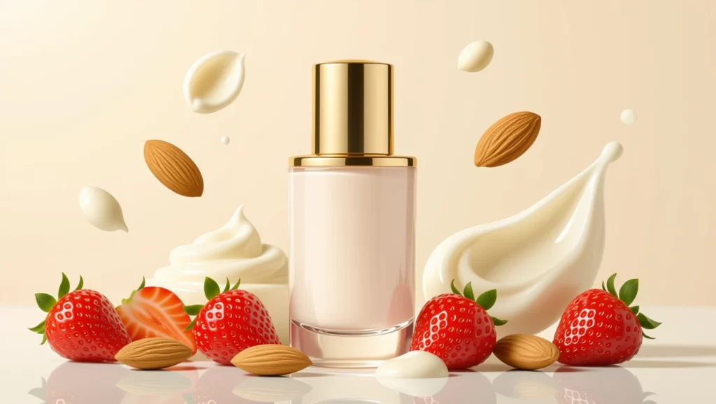 Egy elegáns balzsam üveg, friss gyümölcsökkel, tejszínnel és mandulával körülvéve, ami a gyógyulás és megnyugvás szimbóluma.