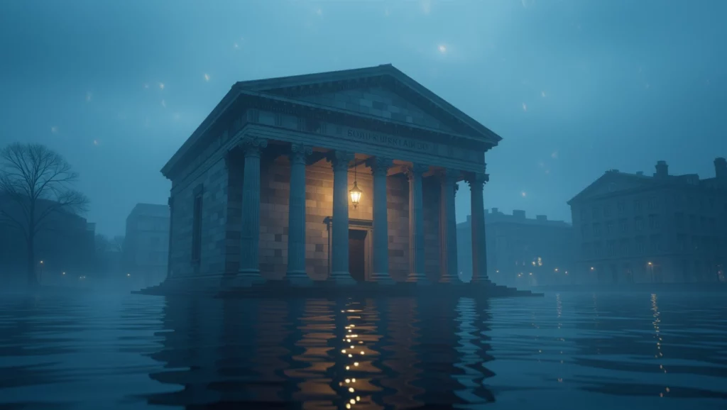 A ködös vízparton álló banképület álomfejtése a pénzügyi bizonytalanságot jelzi.