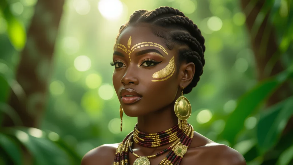 A képen egy gyönyörű bennszülött nő látható, aki arcfestékkel és ékszerekkel díszítve néz a kamerába, ami az önismeret és a spiritualitás szimbóluma.