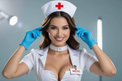 A nővér mosolygós arccal és kék kesztyűben, a gondoskodás szimbóluma.