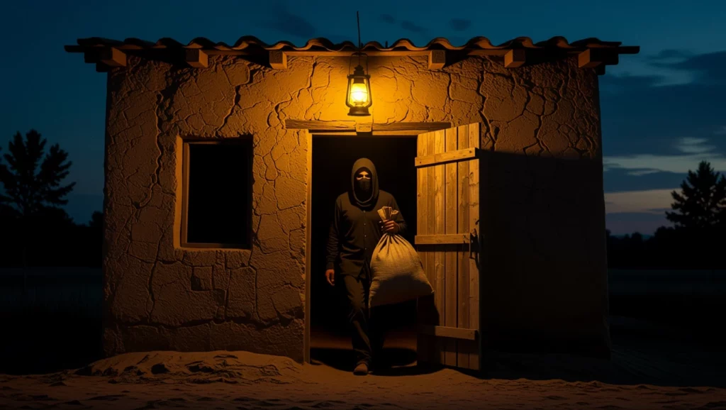 Egy sötét, éjszakai tájban egy besurranó lép ki egy kis házból, kezében zsákkal, míg egy lámpa világít az ajtó mellett.
