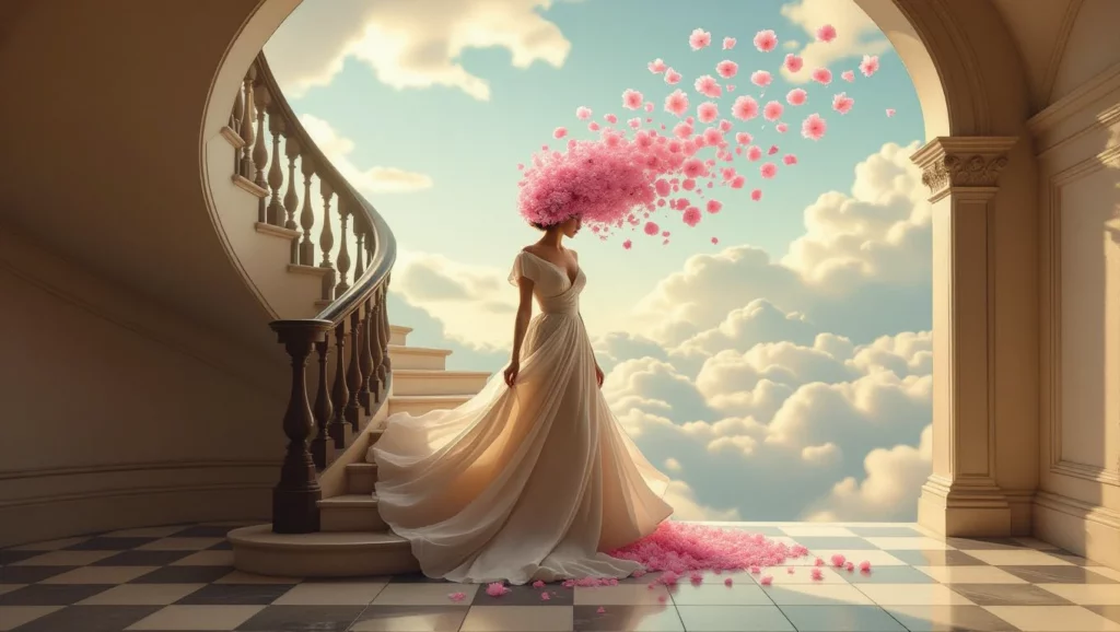 Álombeli nő, akinek virágokkal teli feje a kreativitás és a bölcsesség jele.