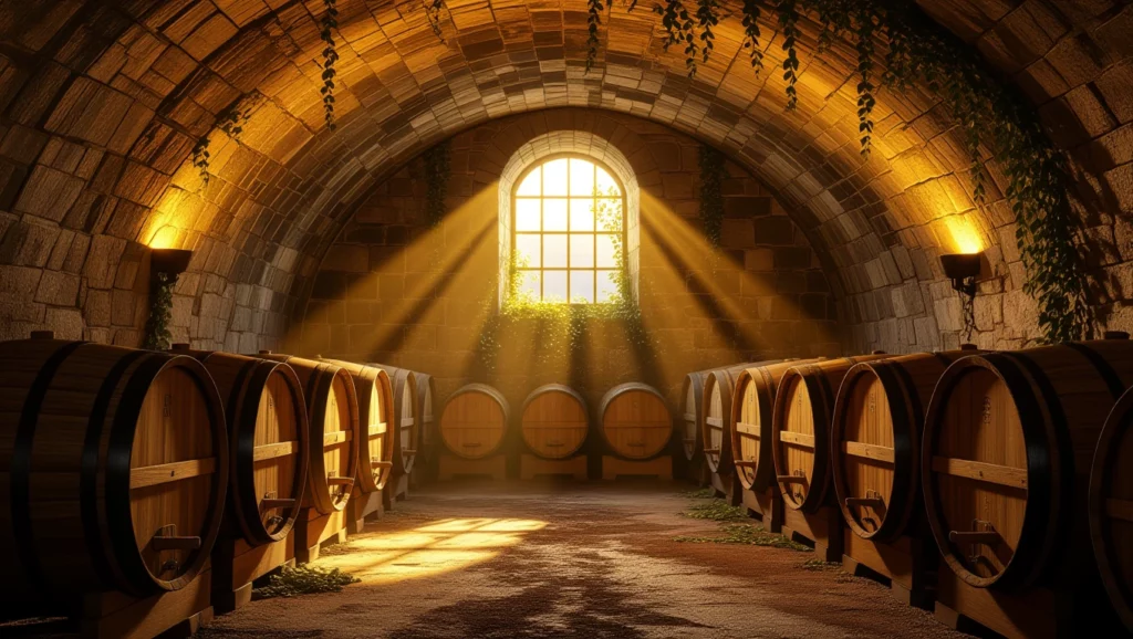 Egy borospince belső tere, fáklyák világítanak, hordók sorakoznak.