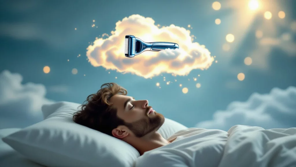Egy férfi alszik az ágyában, feje mellett egy felhőben egy borotva lebeg, ami az álmok szimbolikáját idézi.