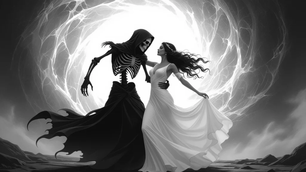 Az álomfejtésben a halál szimbóluma a változást és az új kezdeteket jelenti, a női figura pedig a szépséget és az életet.