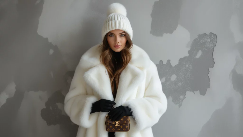 A fehér bunda és sapka álmai a melegséget és a biztonságot szimbolizálják.