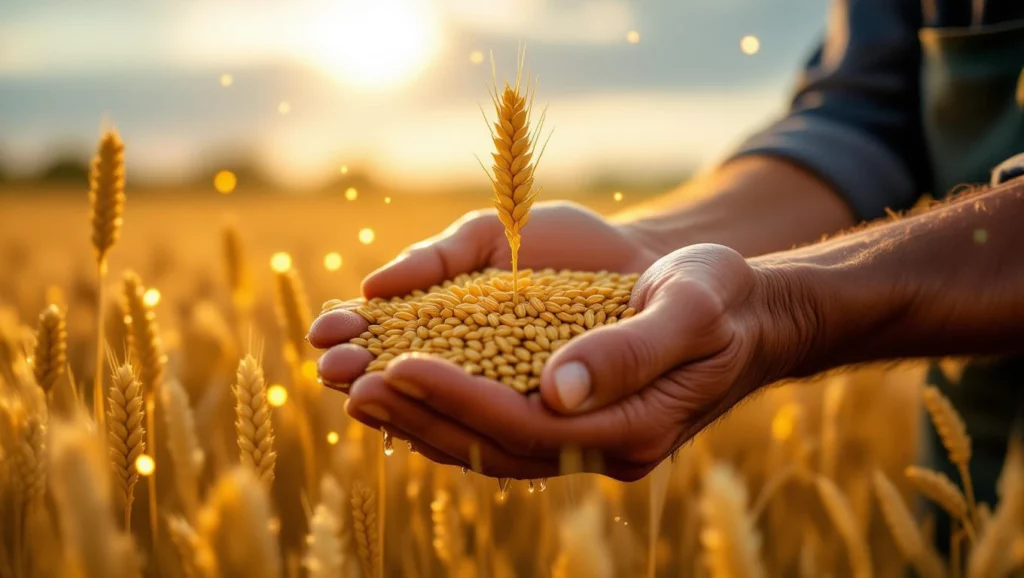 A kézben tartott búzaszemek a termékenység és a bőség szimbólumai, álmainkban új lehetőségeket jelölhetnek.