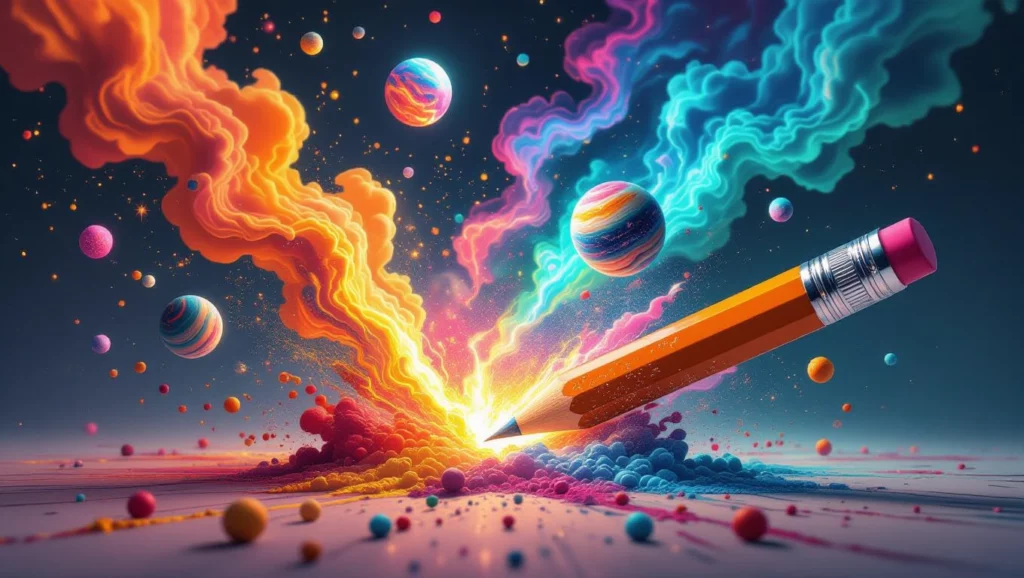 Egy élénk ceruza, amelyből színes, kreatív energiák áramlanak, bolygókkal a háttérben.
