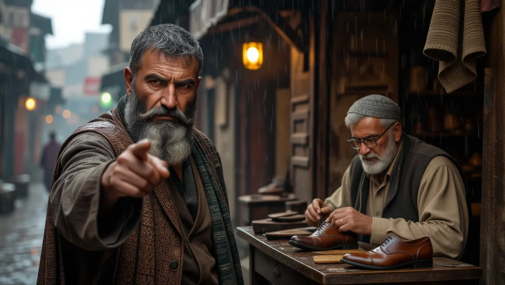A cipész műhelyében két férfi dolgozik, az egyik figyelmeztető ujjával mutat.