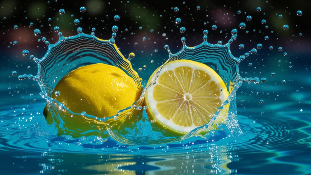 Friss citrom és citromszelet ugrik a vízbe, cseppek szállnak a levegőben.