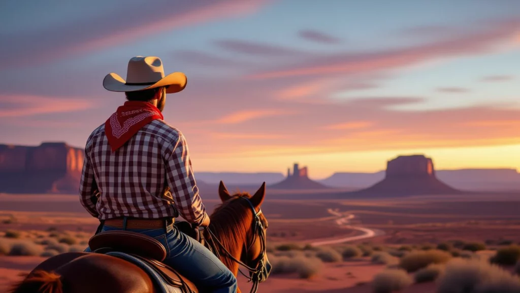 Egy cowboy lovon ülve nézi a naplementét a sivatagban, ami az önállóság és a kaland vágyát szimbolizálja.