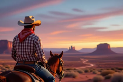 Egy cowboy lovon ülve nézi a naplementét a sivatagban, ami az önállóság és a kaland vágyát szimbolizálja.